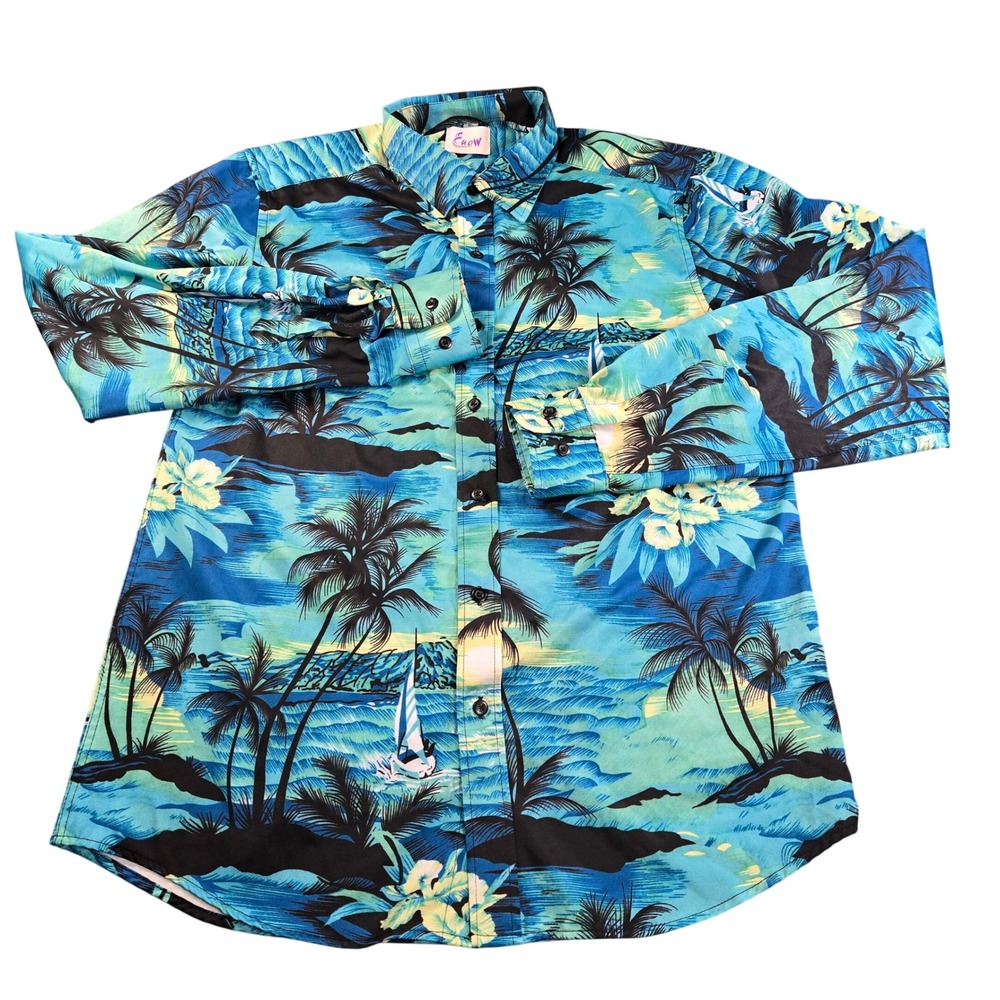 Euow Men's Tropical Palm Tree Sailboard Floral Button Down Shirt Blue Size Small